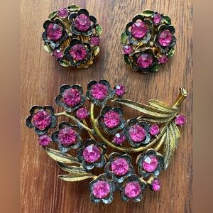 Vintage Floral Clip on Set Pink Painted Mamselle Earrings Brooch Flower